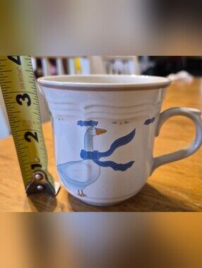 Vintage Newcor Stoneware Countryside Coffee Mug White Blue Goose Bow Tea Cup